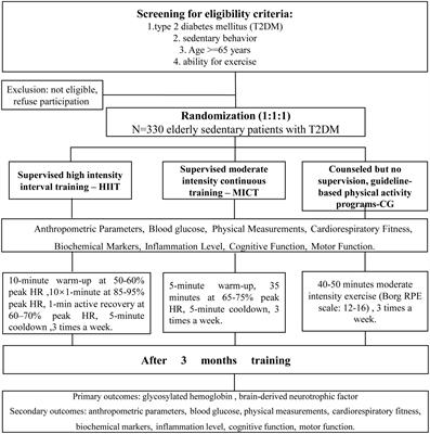 Effects of high-intensity interval training, moderate-intensity continuous training, and guideline-based physical activity on cardiovascular metabolic markers, cognitive and motor function in elderly sedentary patients with type 2 diabetes (HIIT-DM): a protocol for a randomized controlled trial